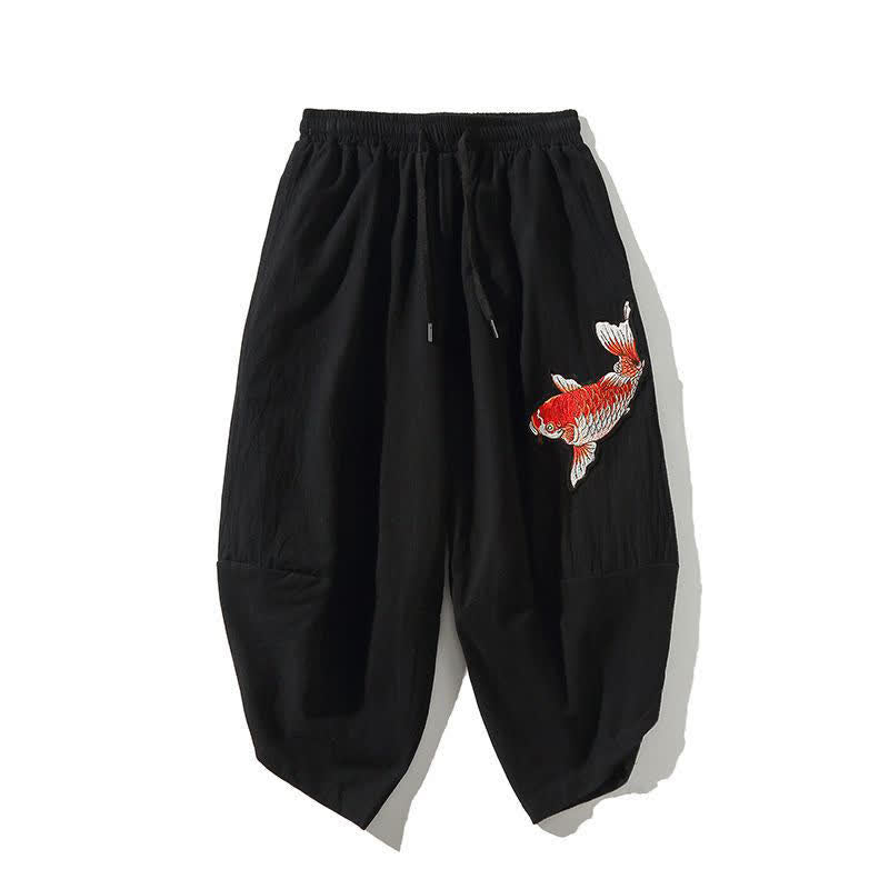 Buddha Stones Summer Tang Style Drawstring Koi Fish Capri Pants Men's Harem Pants With Pocket