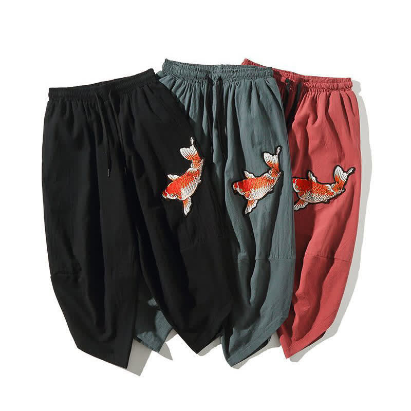 Buddha Stones Summer Tang Style Drawstring Koi Fish Capri Pants Men's Harem Pants With Pocket