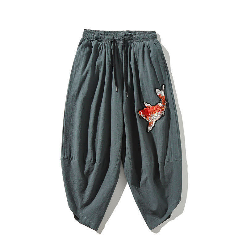 Buddha Stones Summer Tang Style Drawstring Koi Fish Capri Pants Men's Harem Pants With Pocket