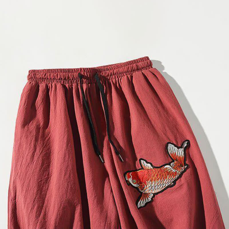 Buddha Stones Summer Tang Style Drawstring Koi Fish Capri Pants Men's Harem Pants With Pocket