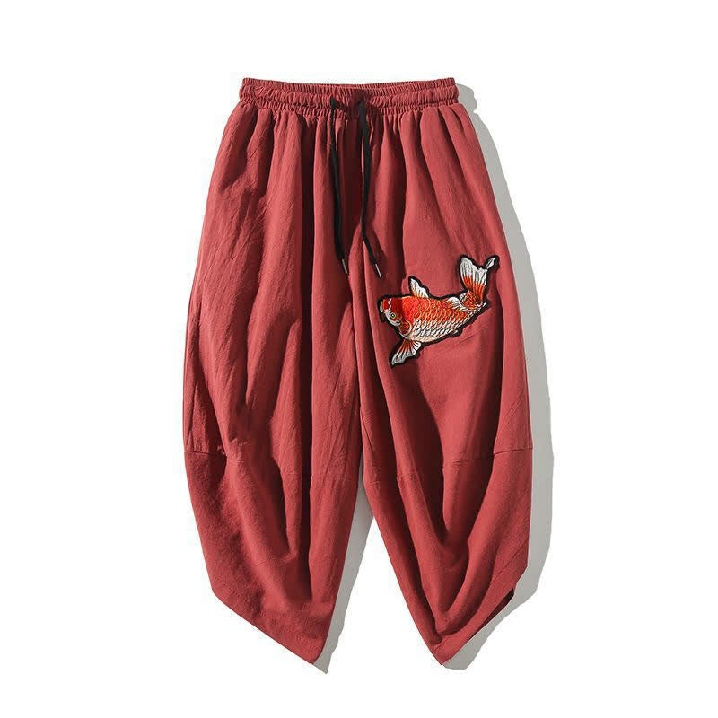 Buddha Stones Summer Tang Style Drawstring Koi Fish Capri Pants Men's Harem Pants With Pocket