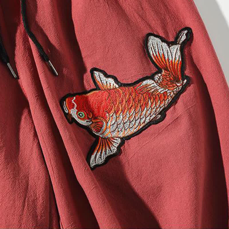 Buddha Stones Summer Tang Style Drawstring Koi Fish Capri Pants Men's Harem Pants With Pocket