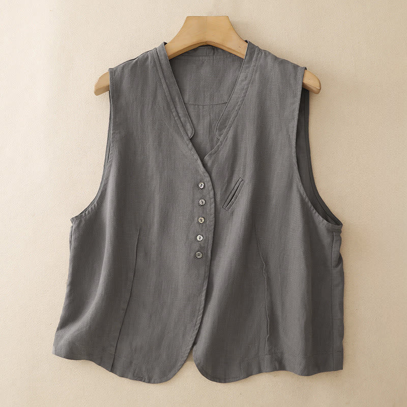 Buddha Stones Summer Casual Minimalist V-Neck Button-Up Solid Tank Top Women's Sleeveless Shirts