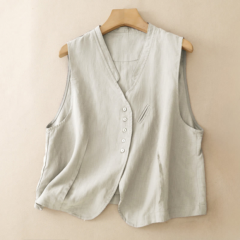 Buddha Stones Summer Casual Minimalist V-Neck Button-Up Solid Tank Top Women's Sleeveless Shirts