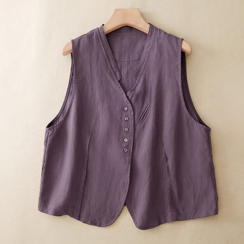 Buddha Stones Summer Casual Minimalist V-Neck Button-Up Solid Tank Top Women's Sleeveless Shirts