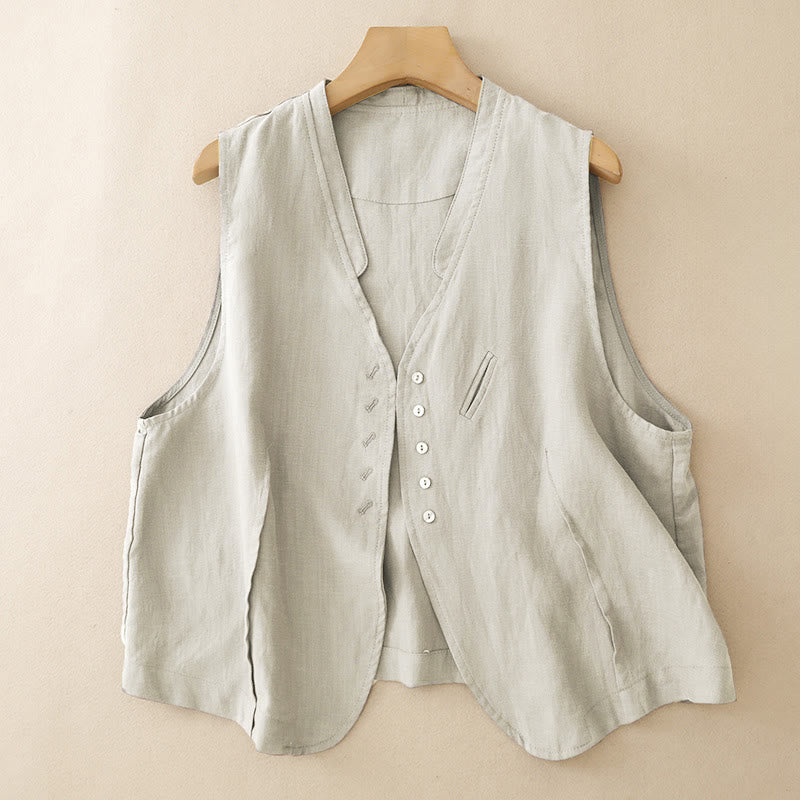 Buddha Stones Summer Casual Minimalist V-Neck Button-Up Solid Tank Top Women's Sleeveless Shirts