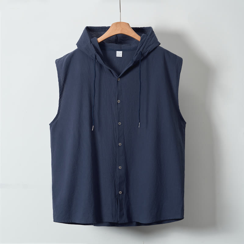 Buddha Stones Summer Casual Minimalist Button-Up Drawstring Solid Tank Top Men's Sleeveless Shirts