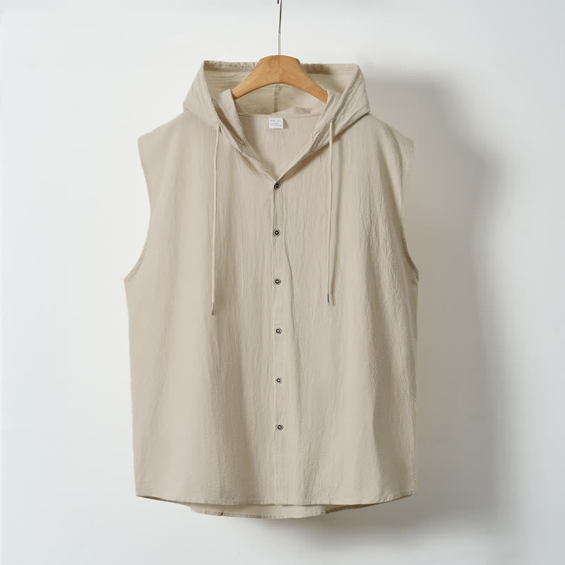Buddha Stones Summer Casual Minimalist Button-Up Drawstring Solid Tank Top Men's Sleeveless Shirts