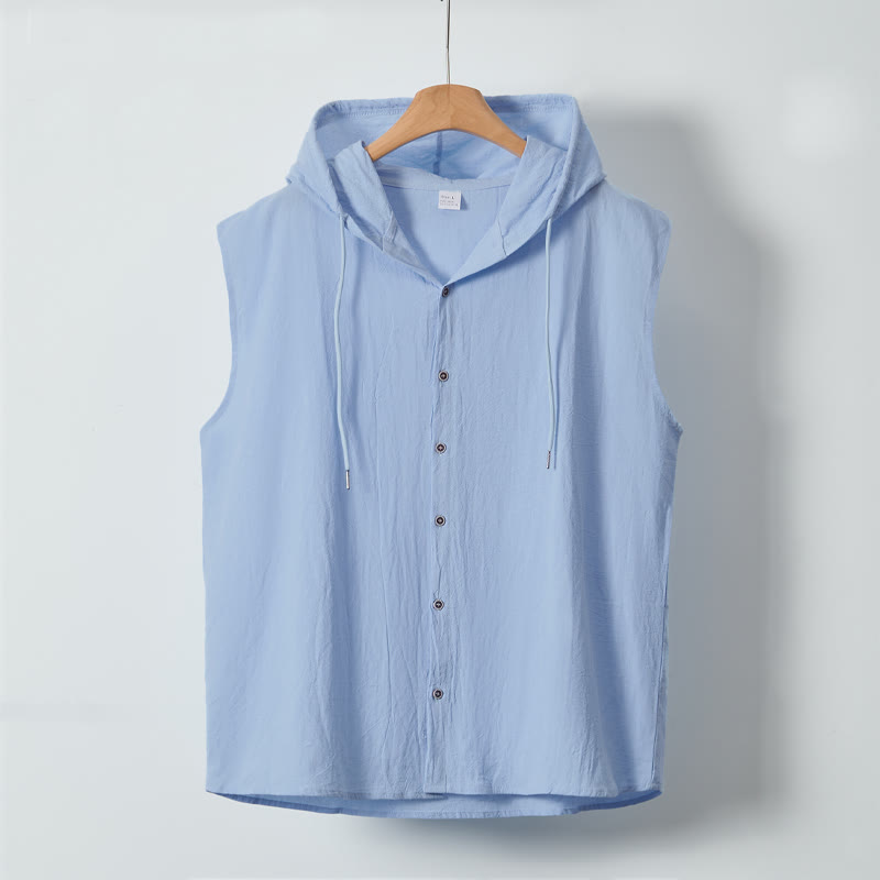 Buddha Stones Summer Casual Minimalist Button-Up Drawstring Solid Tank Top Men's Sleeveless Shirts