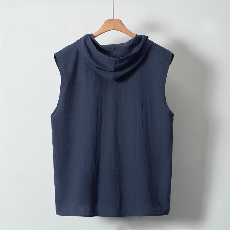 Buddha Stones Summer Casual Minimalist Button-Up Drawstring Solid Tank Top Men's Sleeveless Shirts