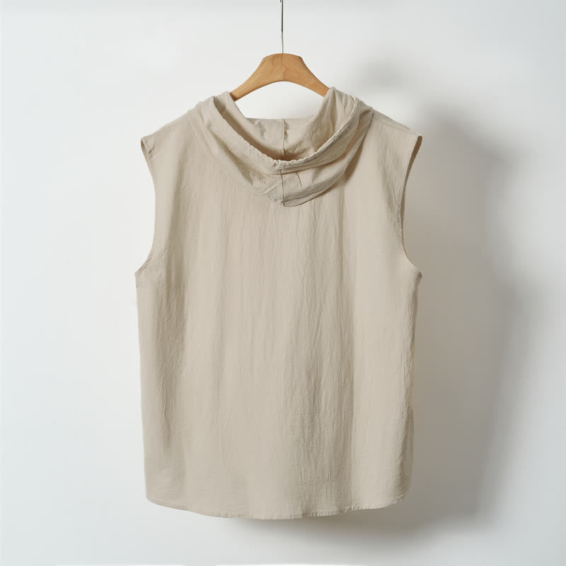 Buddha Stones Summer Casual Minimalist Button-Up Drawstring Solid Tank Top Men's Sleeveless Shirts