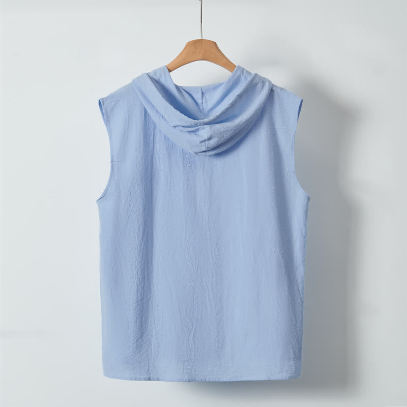 Buddha Stones Summer Casual Minimalist Button-Up Drawstring Solid Tank Top Men's Sleeveless Shirts