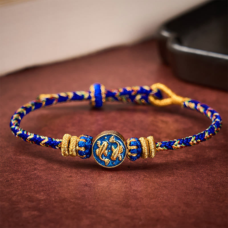 Buddha Stones Hand-Woven String Double Golden Koi Fish Strength Rope Bracelet