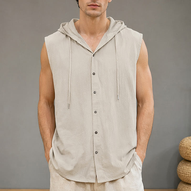 Buddha Stones Summer Casual Minimalist Button-Up Drawstring Solid Tank Top Men's Sleeveless Shirts