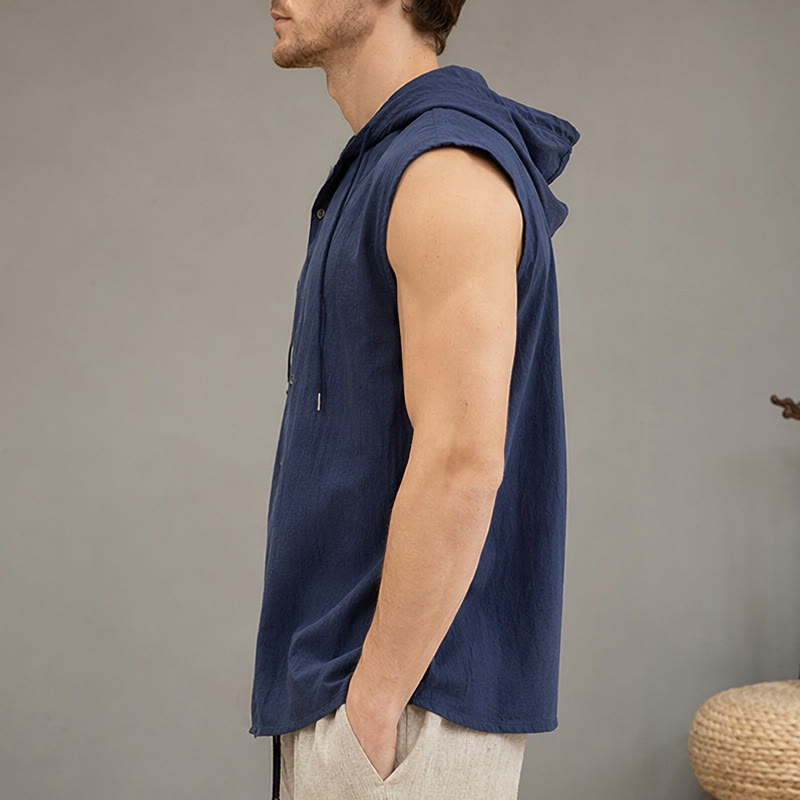 Buddha Stones Summer Casual Minimalist Button-Up Drawstring Solid Tank Top Men's Sleeveless Shirts