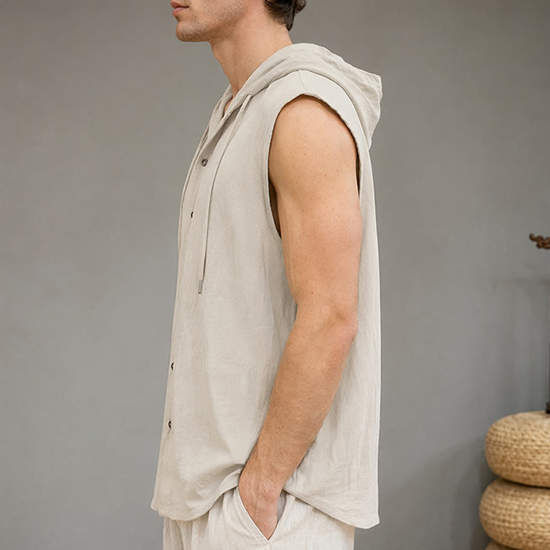 Buddha Stones Summer Casual Minimalist Button-Up Drawstring Solid Tank Top Men's Sleeveless Shirts