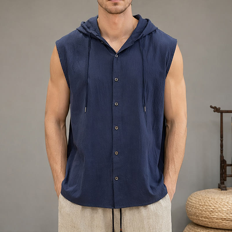 Buddha Stones Summer Casual Minimalist Button-Up Drawstring Solid Tank Top Men's Sleeveless Shirts