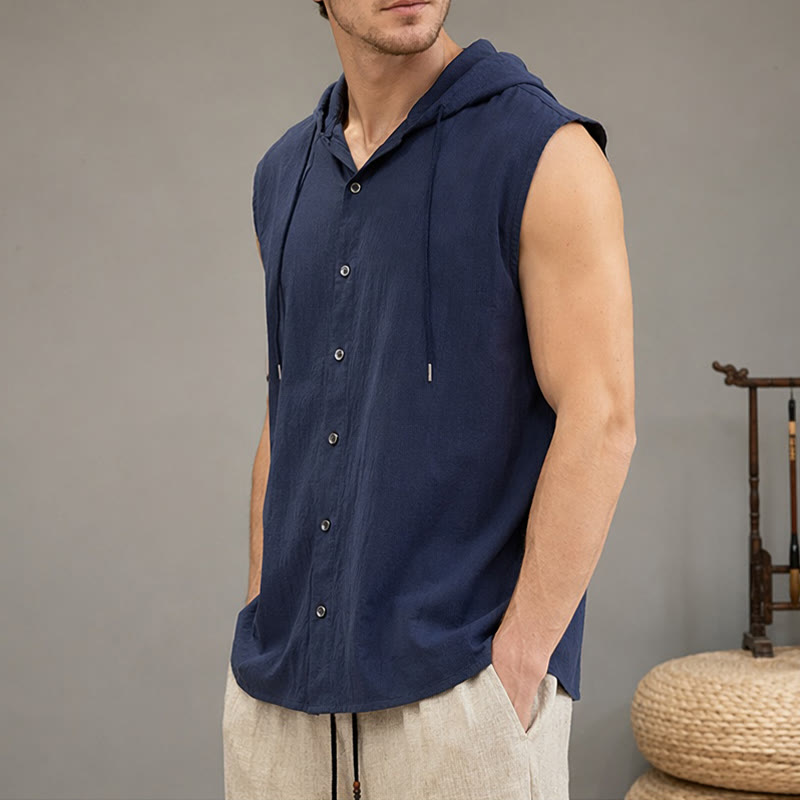 Buddha Stones Summer Casual Minimalist Button-Up Drawstring Solid Tank Top Men's Sleeveless Shirts