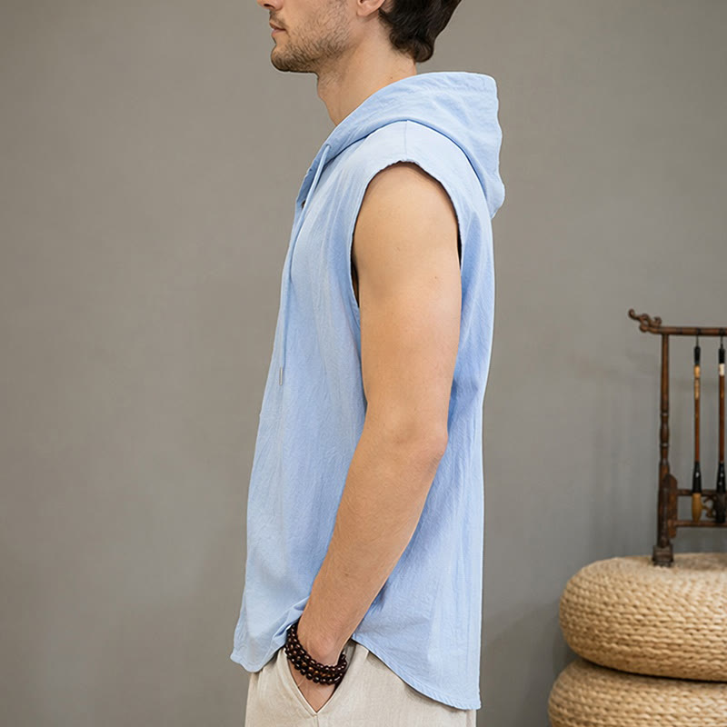 Buddha Stones Summer Casual Minimalist Button-Up Drawstring Solid Tank Top Men's Sleeveless Shirts