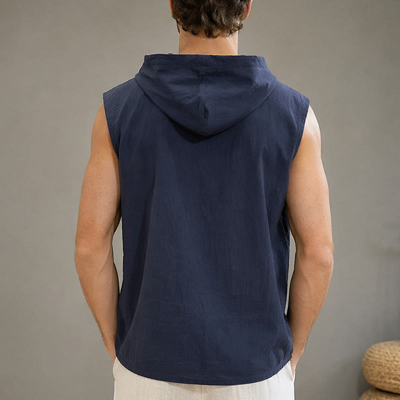 Buddha Stones Summer Casual Minimalist Button-Up Drawstring Solid Tank Top Men's Sleeveless Shirts