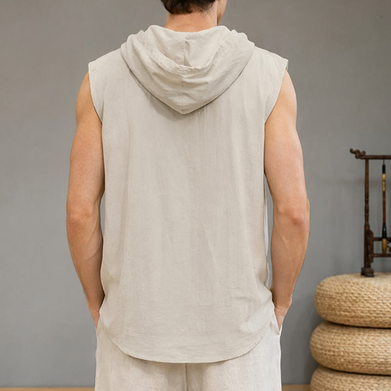 Buddha Stones Summer Casual Minimalist Button-Up Drawstring Solid Tank Top Men's Sleeveless Shirts