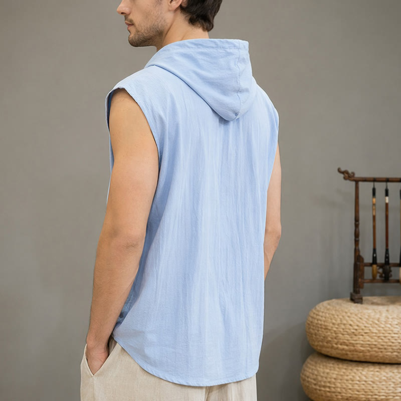 Buddha Stones Summer Casual Minimalist Button-Up Drawstring Solid Tank Top Men's Sleeveless Shirts