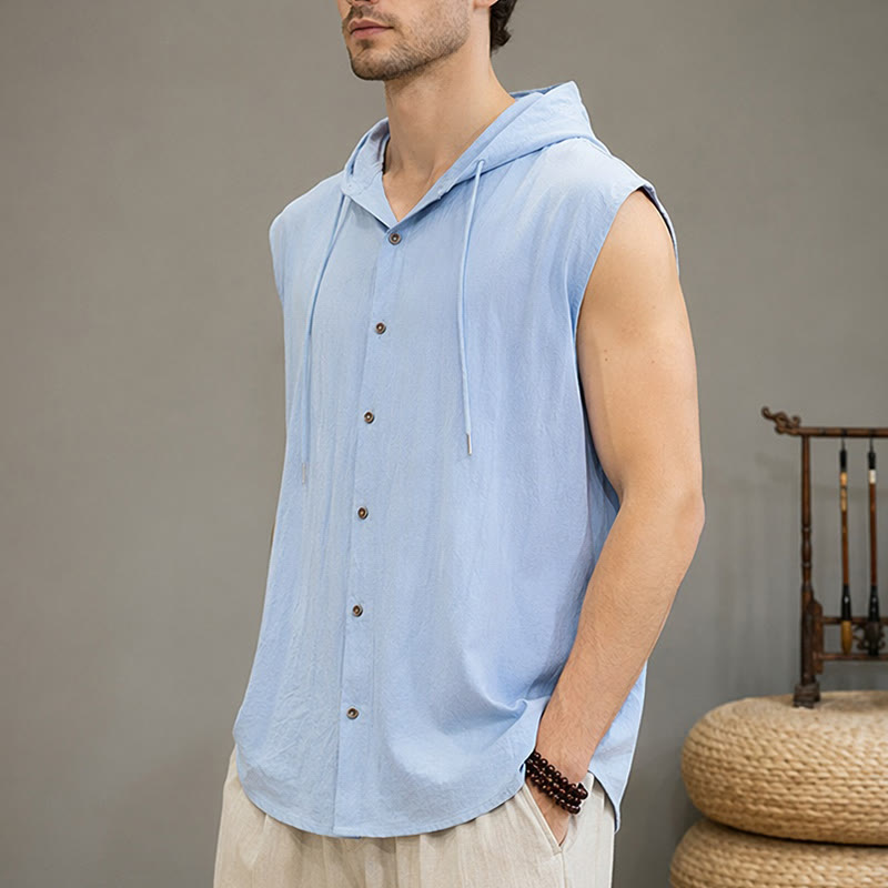 Buddha Stones Summer Casual Minimalist Button-Up Drawstring Solid Tank Top Men's Sleeveless Shirts