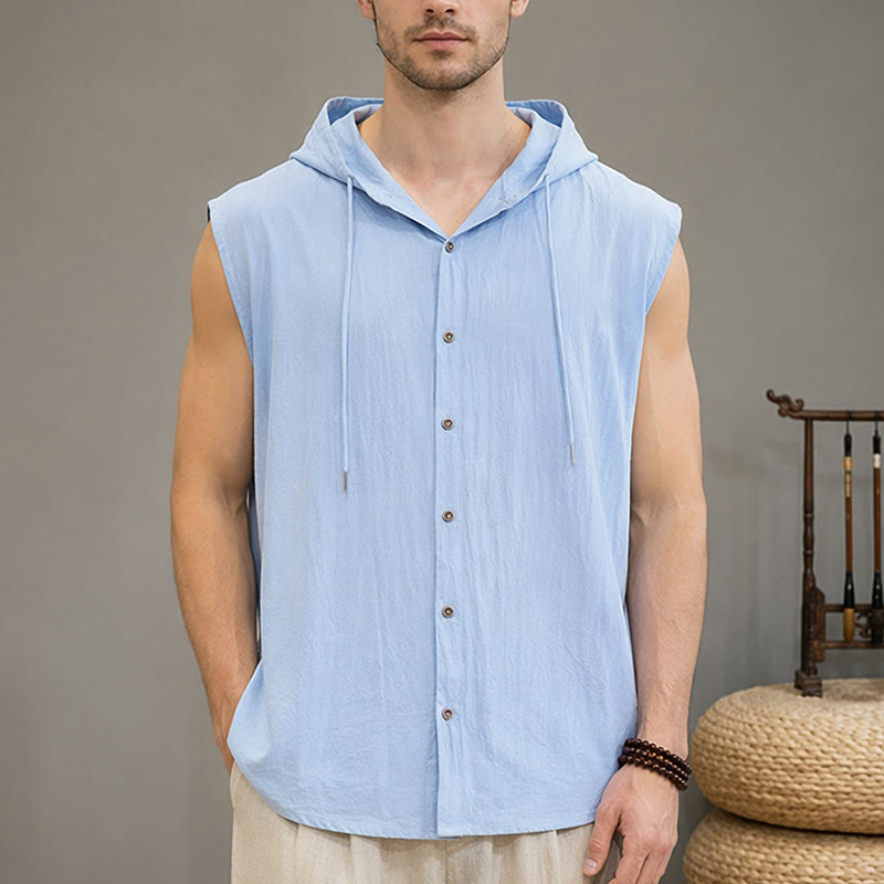 Buddha Stones Summer Casual Minimalist Button-Up Drawstring Solid Tank Top Men's Sleeveless Shirts