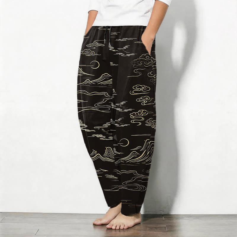 Buddha Stones Pure Cotton Cloud Mountain Wave Pattern Drawstring Men's Tapered Pants With Pockets