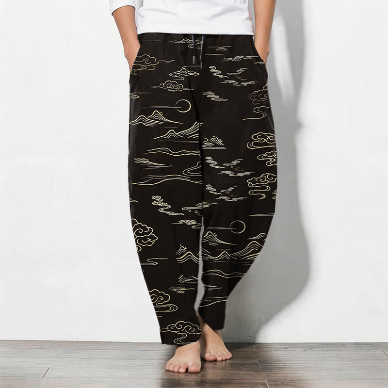Buddha Stones Pure Cotton Cloud Mountain Wave Pattern Drawstring Men's Tapered Pants With Pockets