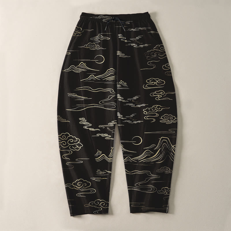 Buddha Stones Pure Cotton Cloud Mountain Wave Pattern Drawstring Men's Tapered Pants With Pockets