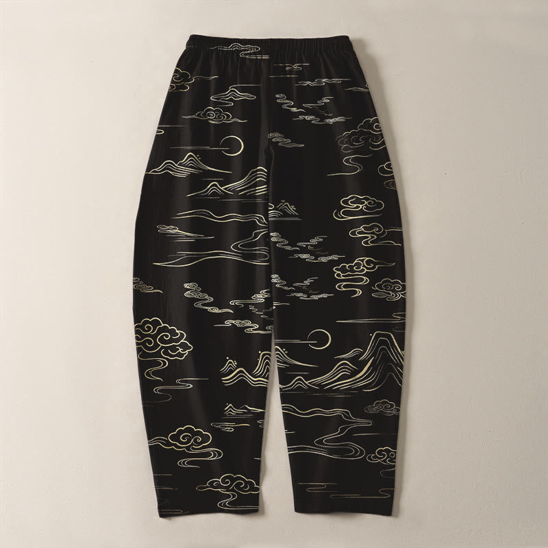 Buddha Stones Pure Cotton Cloud Mountain Wave Pattern Drawstring Men's Tapered Pants With Pockets