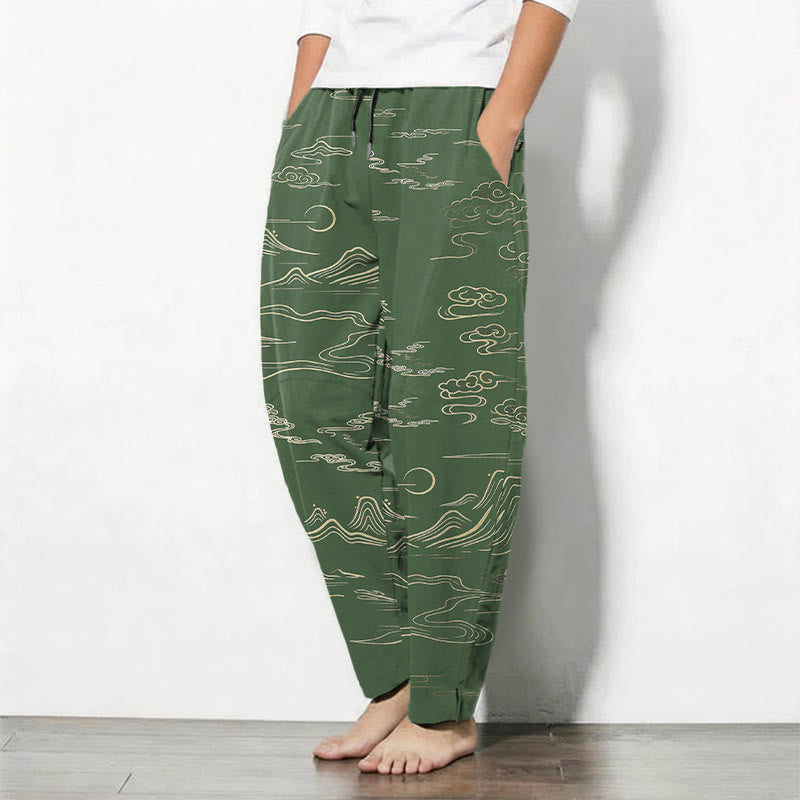 Buddha Stones Pure Cotton Cloud Mountain Wave Pattern Drawstring Men's Tapered Pants With Pockets