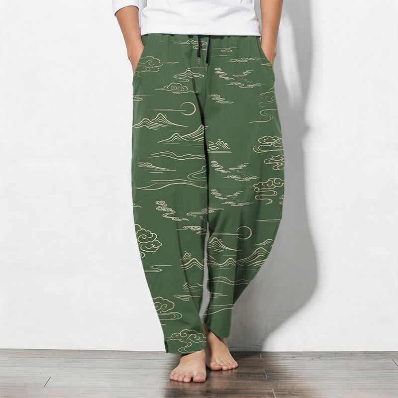 Buddha Stones Pure Cotton Cloud Mountain Wave Pattern Drawstring Men's Tapered Pants With Pockets