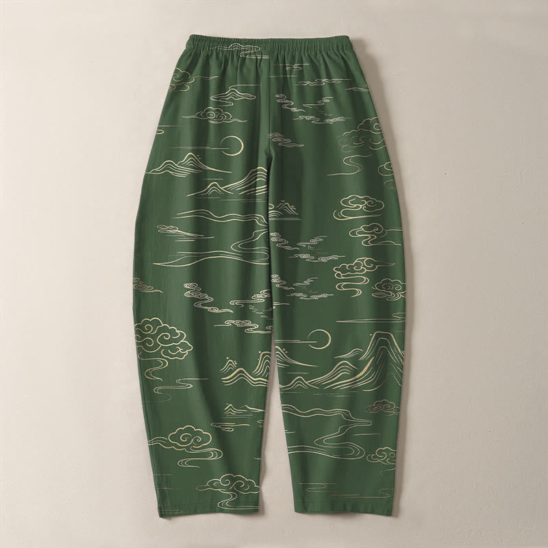 Buddha Stones Pure Cotton Cloud Mountain Wave Pattern Drawstring Men's Tapered Pants With Pockets