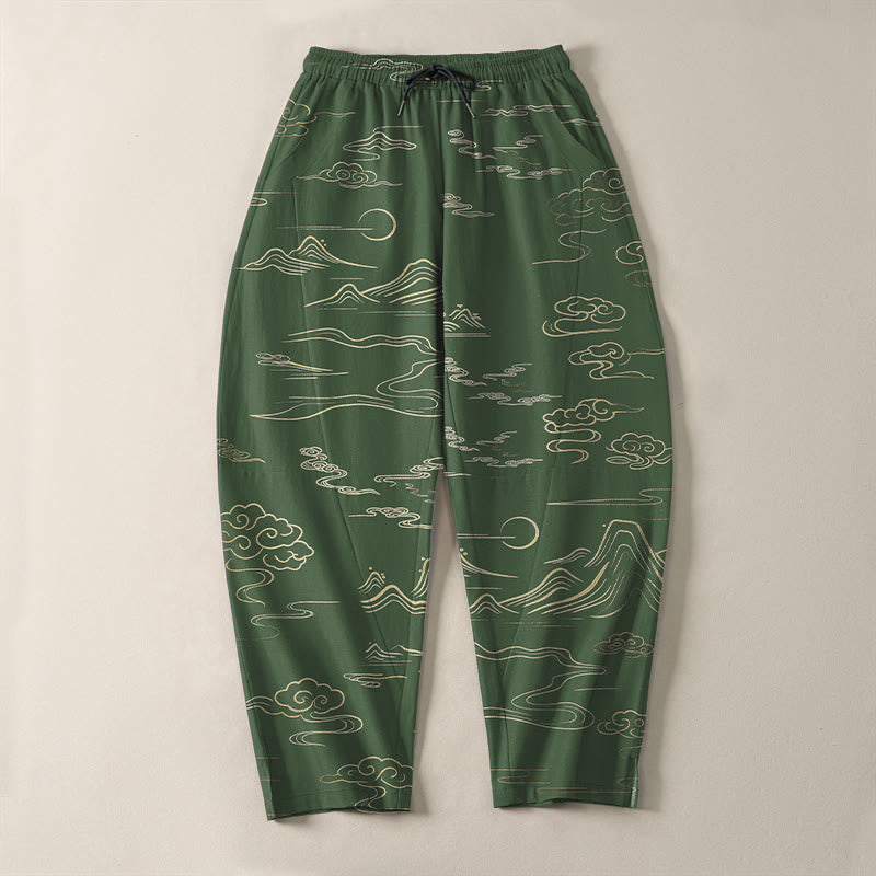 Buddha Stones Pure Cotton Cloud Mountain Wave Pattern Drawstring Men's Tapered Pants With Pockets