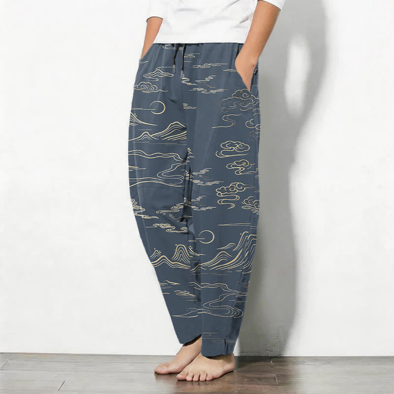 Buddha Stones Pure Cotton Cloud Mountain Wave Pattern Drawstring Men's Tapered Pants With Pockets