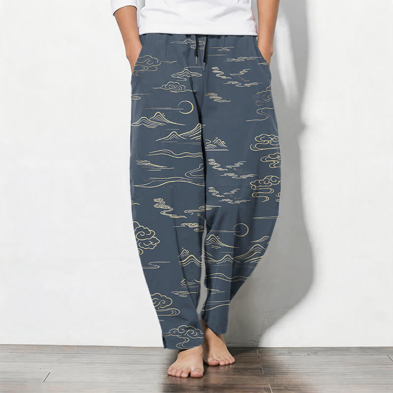 Buddha Stones Pure Cotton Cloud Mountain Wave Pattern Drawstring Men's Tapered Pants With Pockets