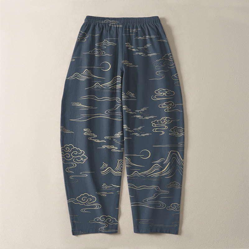 Buddha Stones Pure Cotton Cloud Mountain Wave Pattern Drawstring Men's Tapered Pants With Pockets