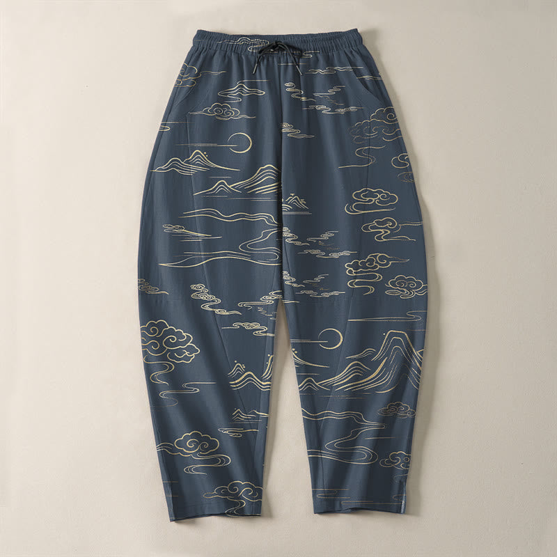 Buddha Stones Pure Cotton Cloud Mountain Wave Pattern Drawstring Men's Tapered Pants With Pockets