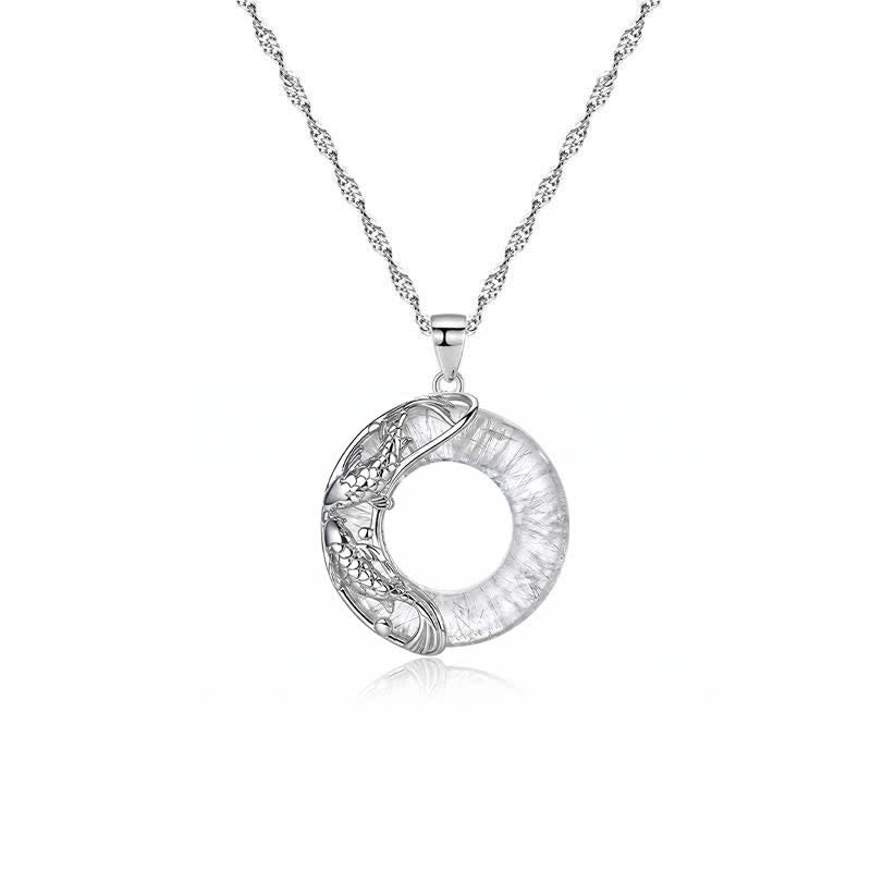 Buddha Stones Clear Quartz Koi Fish Luck Circular Peace Buckle Pendant Necklace