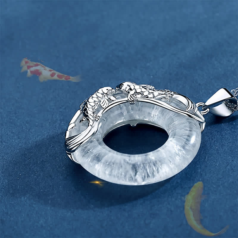 Buddha Stones Clear Quartz Koi Fish Luck Circular Peace Buckle Pendant Necklace