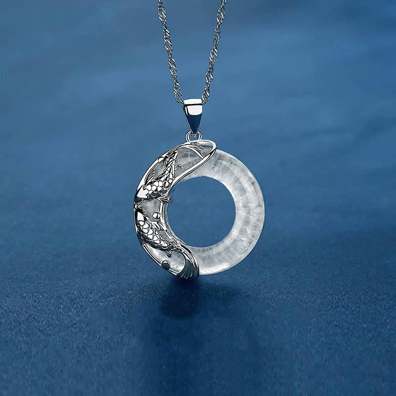 Buddha Stones Clear Quartz Koi Fish Luck Circular Peace Buckle Pendant Necklace