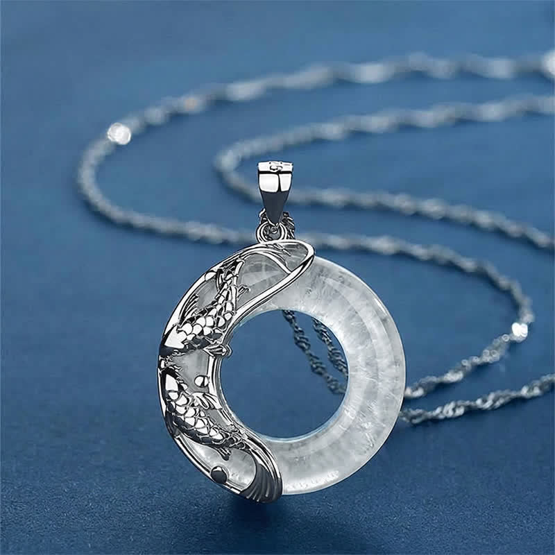 Buddha Stones Clear Quartz Koi Fish Luck Circular Peace Buckle Pendant Necklace
