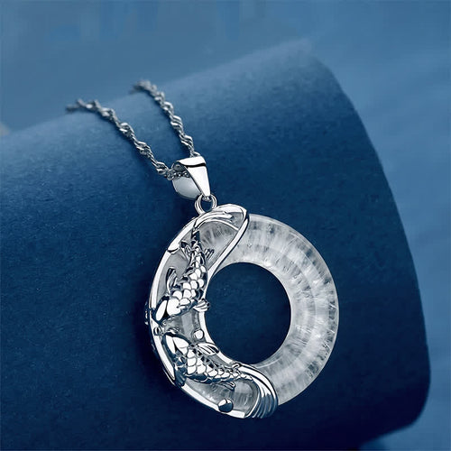 Buddha Stones Clear Quartz Koi Fish Luck Circular Peace Buckle Pendant Necklace