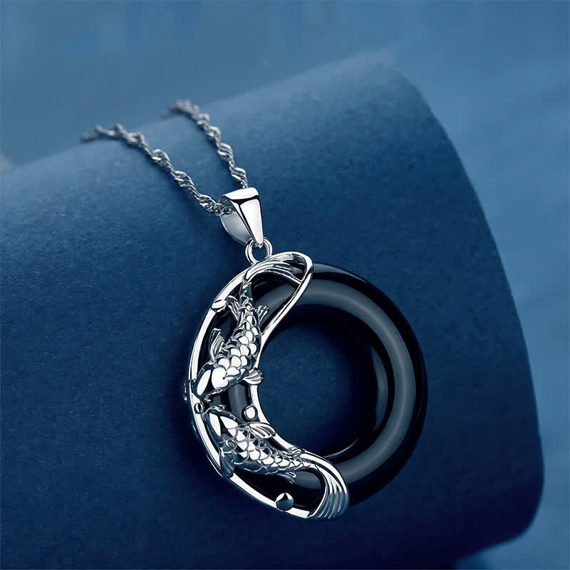 Buddha Stones Black Obsidian Koi Fish Luck Circular Peace Buckle Pendant Necklace