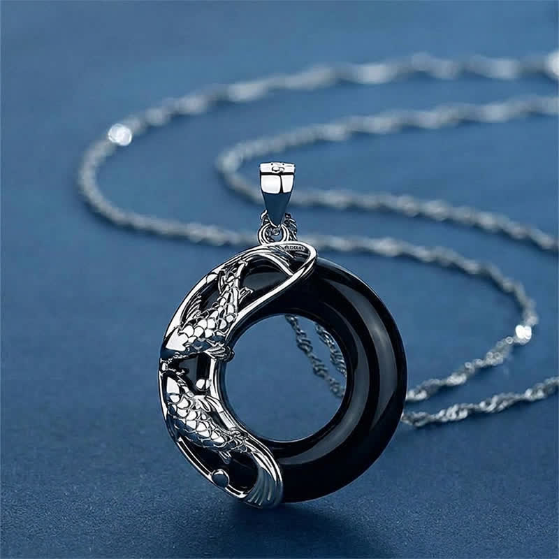Buddha Stones Black Obsidian Koi Fish Luck Circular Peace Buckle Pendant Necklace