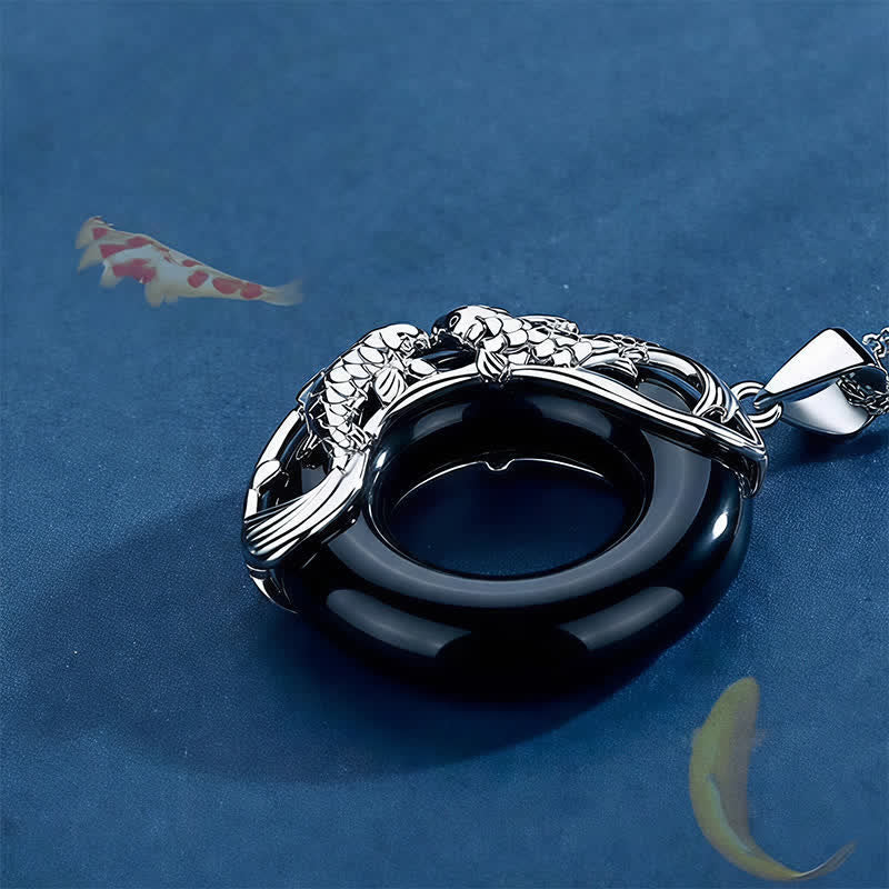 Buddha Stones Black Obsidian Koi Fish Luck Circular Peace Buckle Pendant Necklace