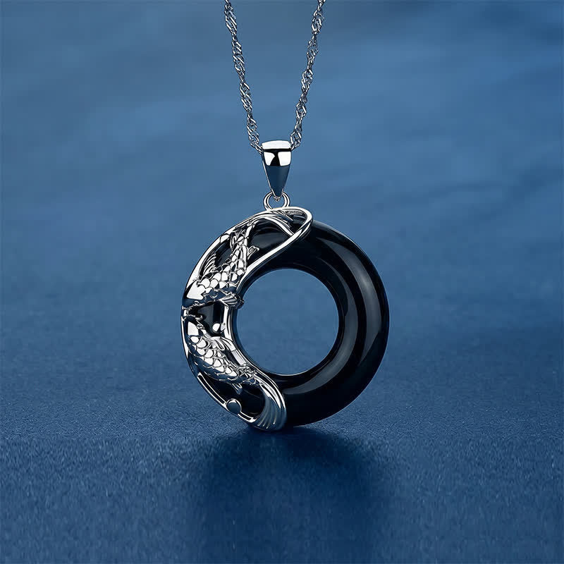 Buddha Stones Black Obsidian Koi Fish Luck Circular Peace Buckle Pendant Necklace