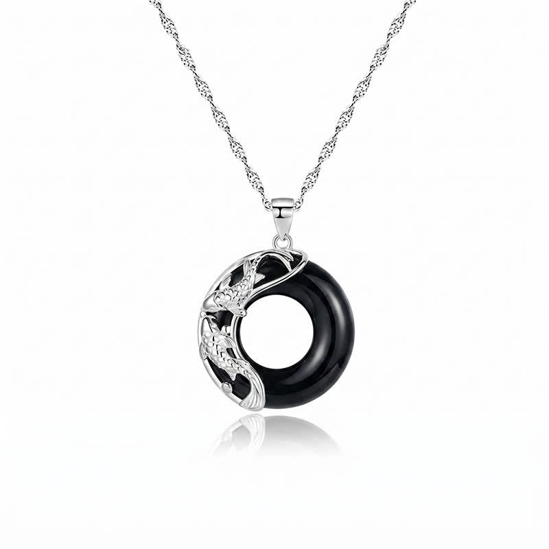Buddha Stones Black Obsidian Koi Fish Luck Circular Peace Buckle Pendant Necklace